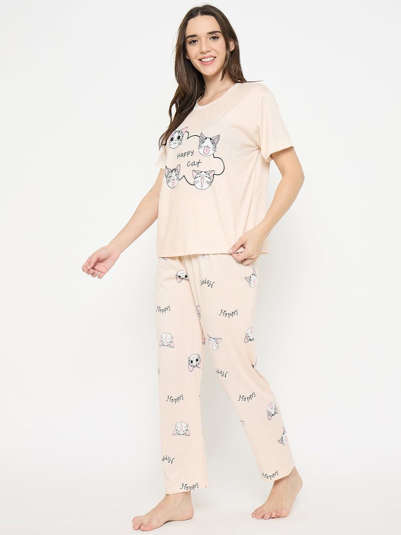 CAMEY Women Night Suit || Women Night Dress || Night Wear Loungewear || Pyjama Set with T-Shirt & Trousers || Soft & Comfortable Night Dress (Cream, M) - Image 3