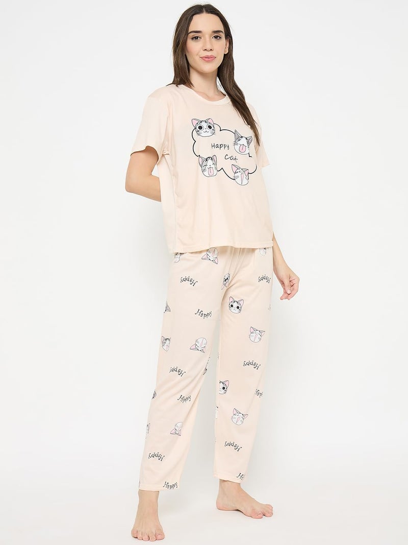 CAMEY Women Night Suit || Women Night Dress || Night Wear Loungewear || Pyjama Set with T-Shirt & Trousers || Soft & Comfortable Night Dress (Cream, M) - Image 4