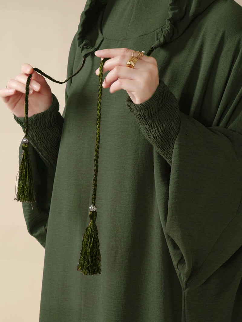 MedeShe Women's Modest Loose Hooded Kaftan Abayas Elegant Batwing Sleeve Muslim Ramadan Prayer Dress (Olive Green, One Size) - Image 3