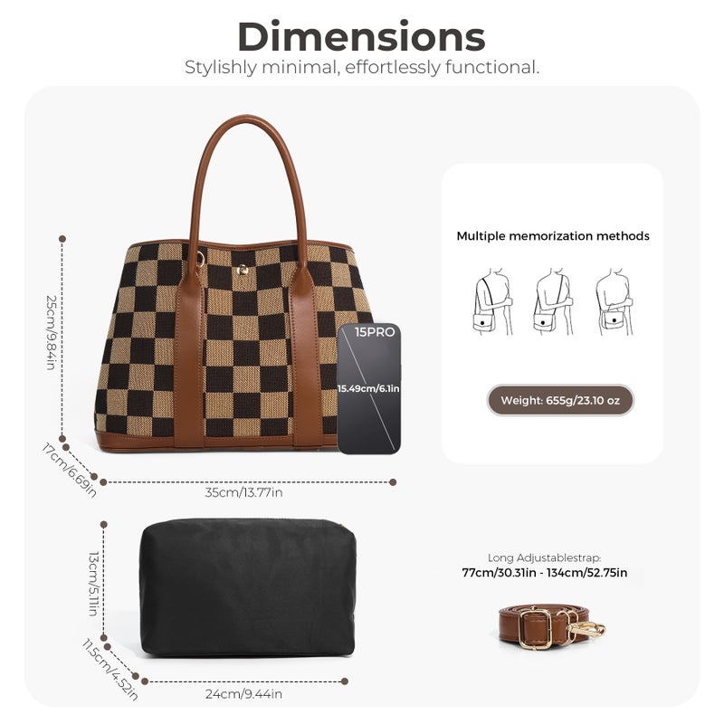 Canvas Checkered Tote Bag for Women, Brown - Image 2