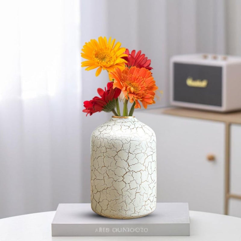 BEHOMA Metal Flower Vase For Home Decor Bedroom Living Room Office Wedding Table Decorative Item For Festivals Birthday OffWhite Crackled 1Pcs105 X 157 Cm Flower Not Included Modern - Image 3