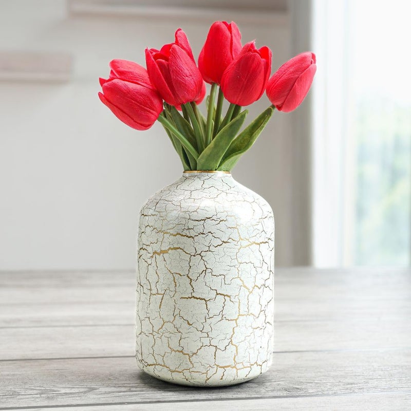 BEHOMA Metal Flower Vase For Home Decor Bedroom Living Room Office Wedding Table Decorative Item For Festivals Birthday OffWhite Crackled 1Pcs105 X 157 Cm Flower Not Included Modern - Image 1