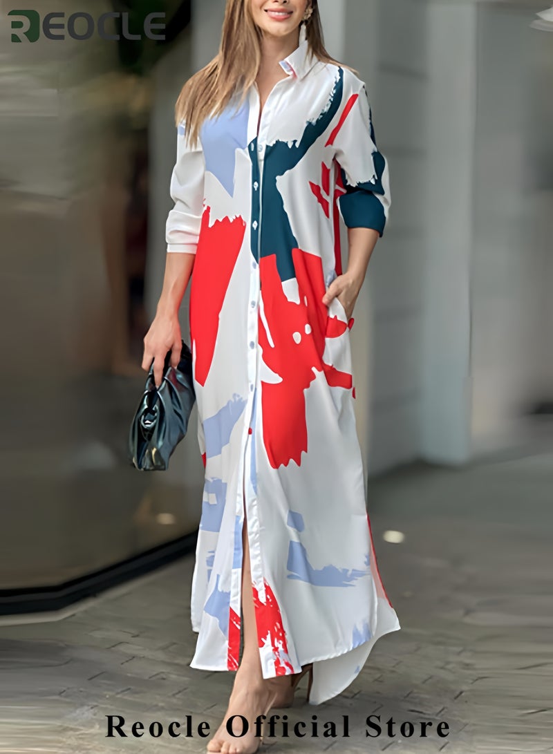 REOCLE Shirt Long Dress Button Down Up Dress for Women Casual Long Sleeve Maxi Spring Summer Dresses with Sleeve Tab Pocket Collar - Image 2