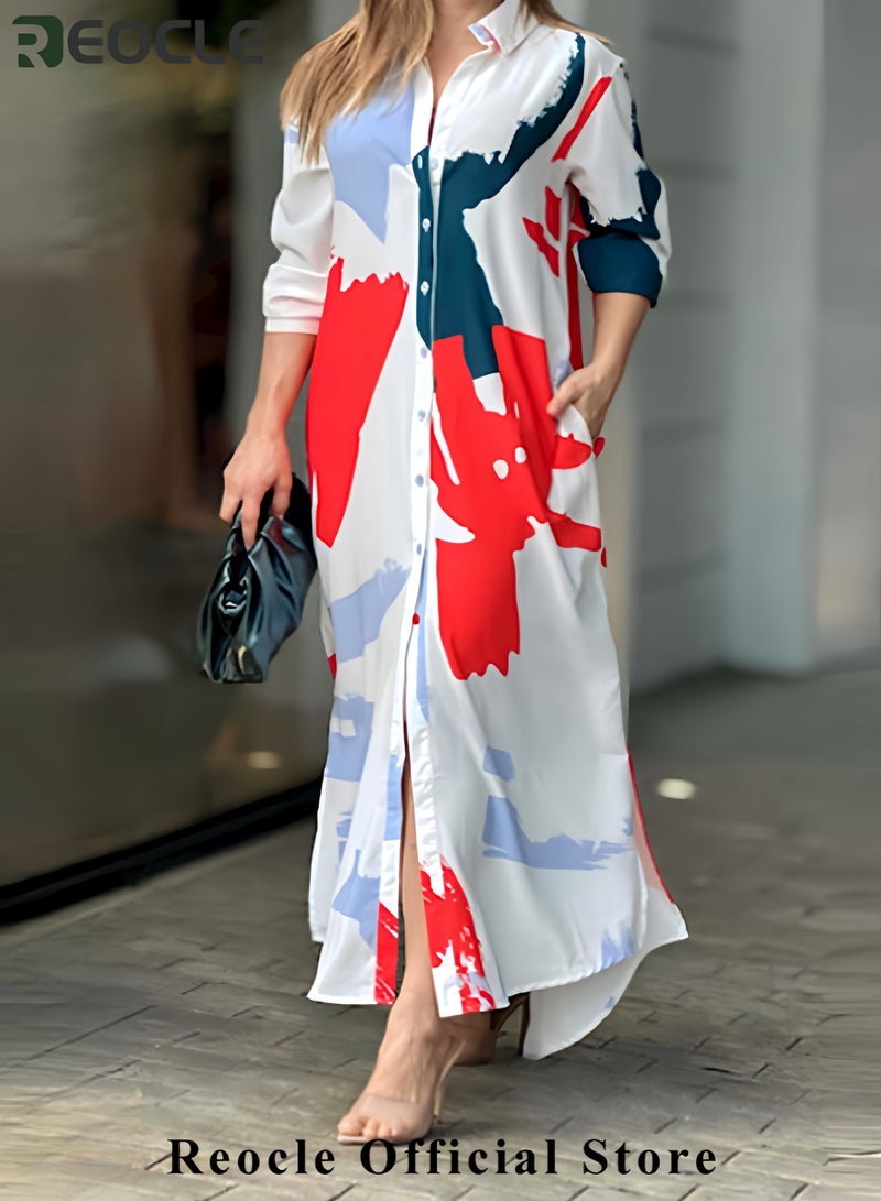 REOCLE Shirt Long Dress Button Down Up Dress for Women Casual Long Sleeve Maxi Spring Summer Dresses with Sleeve Tab Pocket Collar - Image 3
