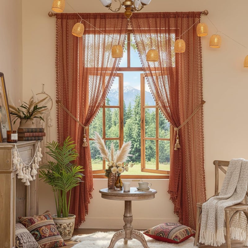 WAZZIO Boho Lace Curtains 63 Inches 2 Panel,Light Filtering Privacy Tassel & Geometry Crochet Semi Sheer Curtain Drapes for Bedroom Living Dining Room,Rod Pocket & Tassel,Full Decor,Burnt Orange - Image 2