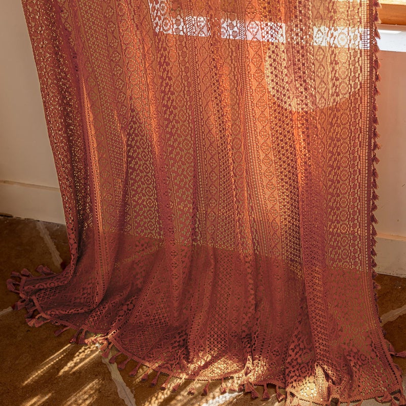 WAZZIO Boho Lace Curtains 63 Inches 2 Panel,Light Filtering Privacy Tassel & Geometry Crochet Semi Sheer Curtain Drapes for Bedroom Living Dining Room,Rod Pocket & Tassel,Full Decor,Burnt Orange - Image 5