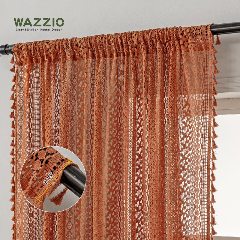 WAZZIO Boho Lace Curtains 63 Inches 2 Panel,Light Filtering Privacy Tassel & Geometry Crochet Semi Sheer Curtain Drapes for Bedroom Living Dining Room,Rod Pocket & Tassel,Full Decor,Burnt Orange - Image 3