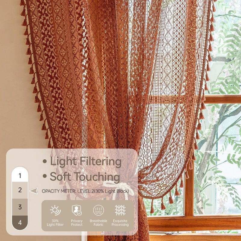 WAZZIO Boho Lace Curtains 63 Inches 2 Panel,Light Filtering Privacy Tassel & Geometry Crochet Semi Sheer Curtain Drapes for Bedroom Living Dining Room,Rod Pocket & Tassel,Full Decor,Burnt Orange - Image 4