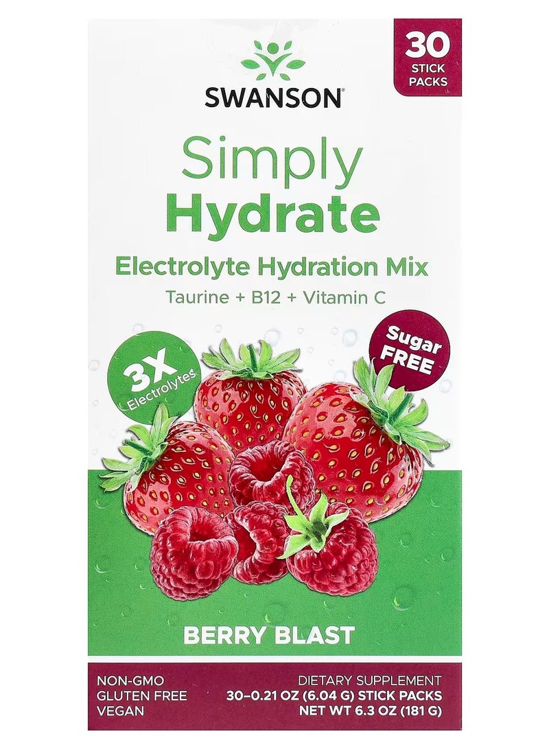 Swanson, Simply Hydrate, Electrolyte Hydration Mix, Berry Blast, 30 Stick Packs, 0.21 oz (6.04 g) Each