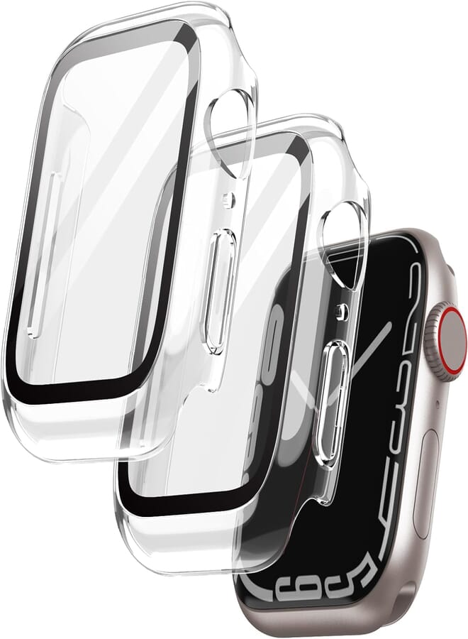 Next Next Store Full Protective Case with Glass Screen Compatible with iWatch Series 7 45mm, Full Protection Clear Cover with Tempered Glass Film (2 Pack)