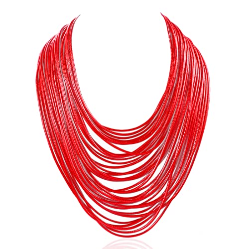 Yuhuan Necklace Women Fashion Bib Choker 36 Layers Wax Line Collar Statement Jewelry (Red) - Image 1