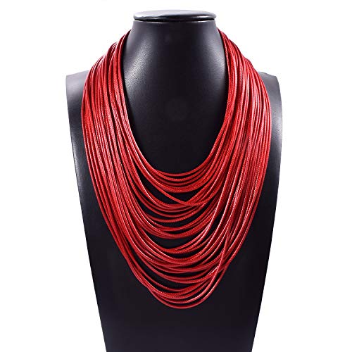 Yuhuan Necklace Women Fashion Bib Choker 36 Layers Wax Line Collar Statement Jewelry (Red) - Image 2