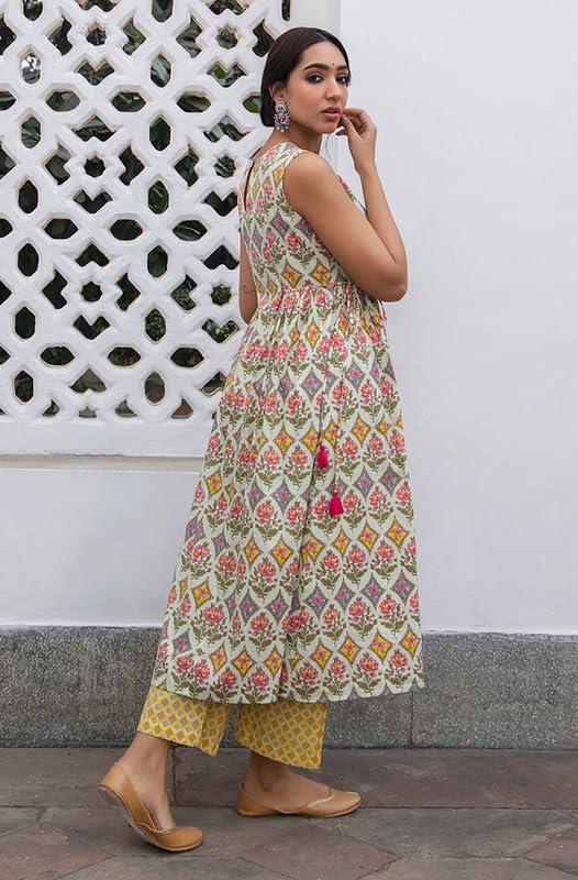Janasya Women Multi Ethnic Motifs Printed Pure Cotton Kurta & Pant Set Latest Style Light Green - Image 4