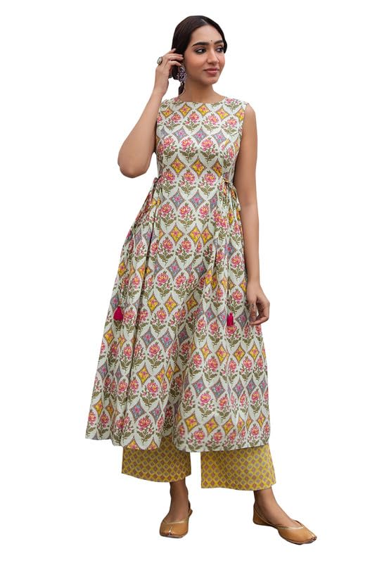 Janasya Women Multi Ethnic Motifs Printed Pure Cotton Kurta & Pant Set Latest Style Light Green - Image 1