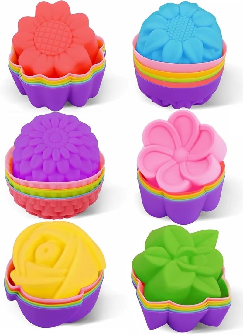 LetGoShop Silicone Cupcake Liners, Reusable Muffin Liners BPA Free Dishwasher Safe Baking Cups, 3 x 3 x 1.3 in (LxWxH), Multicolor Flower Shapes, Pack of 36 - Image 1