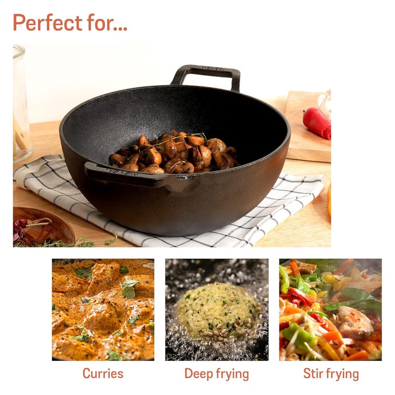 MEYER Meyer Pre Seasoned Cast Iron Kadai|Iron Kadhai with Lid for Cooking and Deep Frying | Heavy Base Iron Kadai Small Size | Gas Stove and Induction Friendly 24cm/ 3 Liters, Black  - Image 3