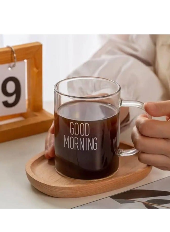 كوب مطبوع بعبارة "Good Morning" مزود بمقبض زجاج شفاف 400ملليلتر - Image 1