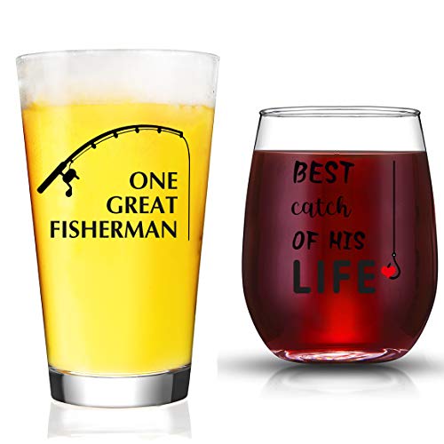 JERIO One Great Fisherman, Best Catch of His Life Glass Set Couple Gift for Engagement, Wedding, Anniversary Gi Bridal Shower Gift For Bride - Image 1