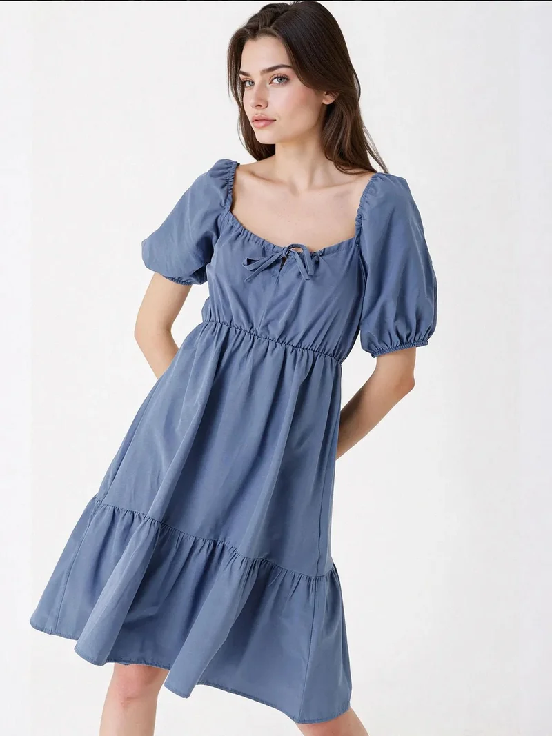 Big Dart Cerulean Blue BDART Square Neck A-Form Mini Dress with Bow for Women | Best Price UAE