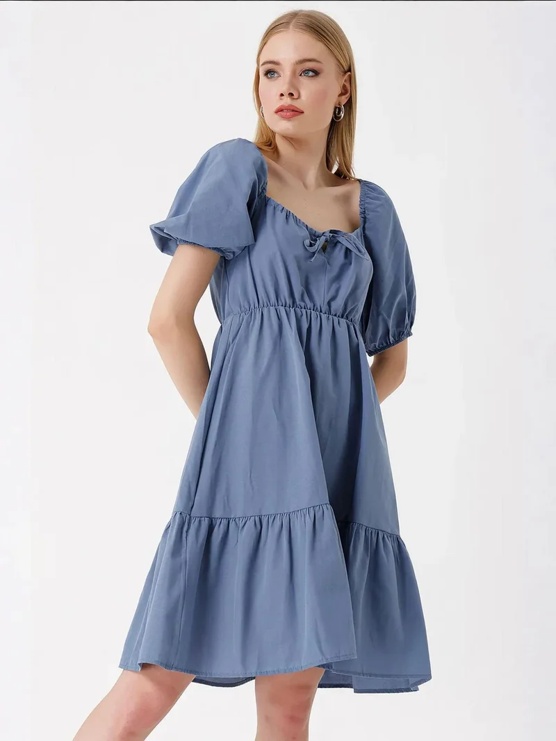 Big Dart Cerulean Blue BDART Square Neck A-Form Mini Dress with Bow for Women | Best Price UAE