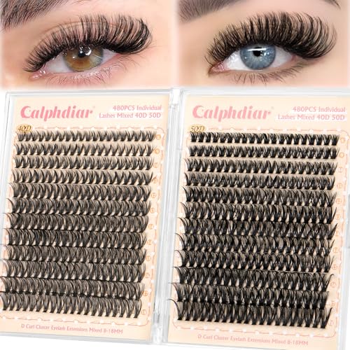 calphdiar Lash Clusters Wispy Eyelash Clusters 480PCS 40D+50D Individual Lashes Clusters D-curly Cluster Eyelash Extensions 8-18mm DIY Natural Volume Lash Extension for Beginners - Image 1