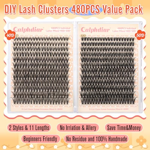 calphdiar Lash Clusters Wispy Eyelash Clusters 480PCS 40D+50D Individual Lashes Clusters D-curly Cluster Eyelash Extensions 8-18mm DIY Natural Volume Lash Extension for Beginners - Image 2