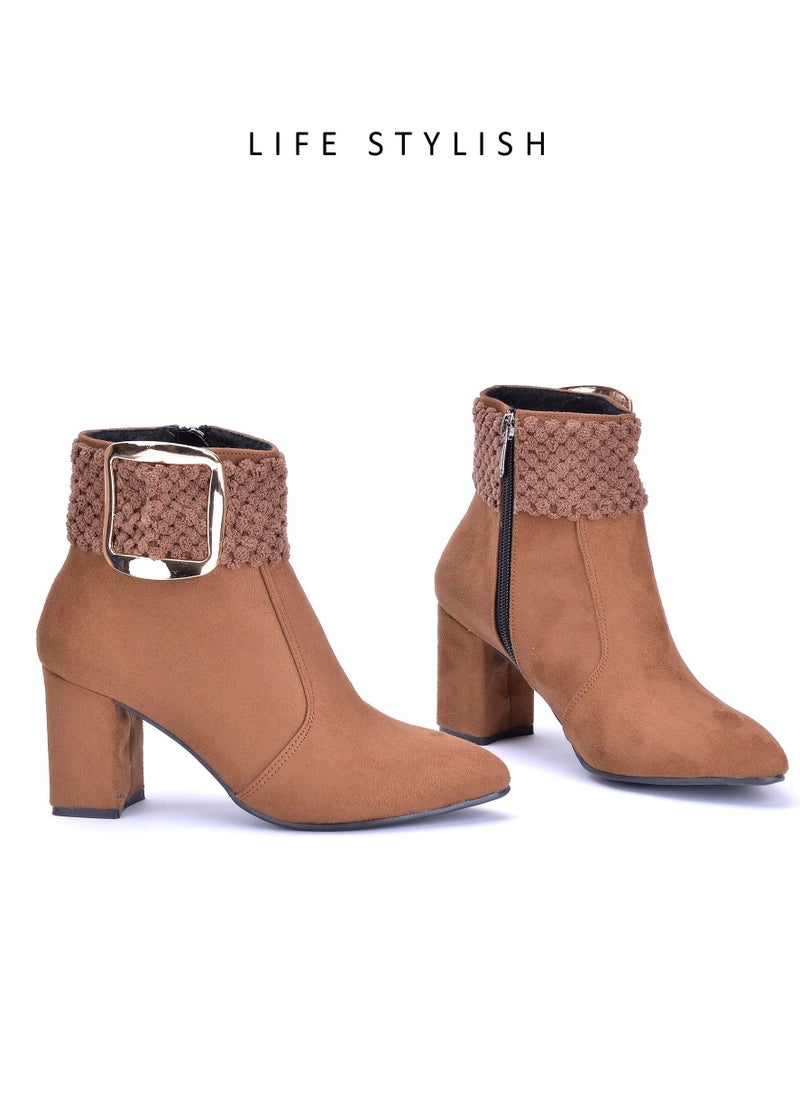R-7 An Elegant Suede Heeled Boot By Buckle Strap - Havan