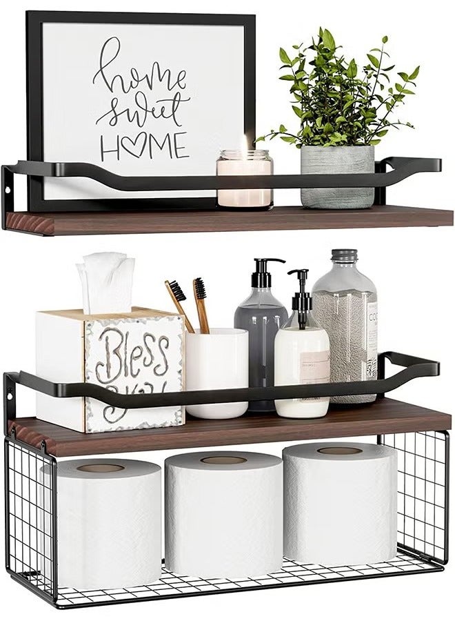 Beauenty Floating Shelves with Wire Storage Basket, 2 Tier Storage, Home Decoration, Organize Books/Toilet Paper/Cosmetics, Suitable for Home/Bathroom/Kitchen - Image 1
