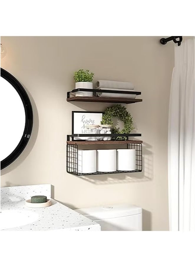 Beauenty Floating Shelves with Wire Storage Basket, 2 Tier Storage, Home Decoration, Organize Books/Toilet Paper/Cosmetics, Suitable for Home/Bathroom/Kitchen - Image 5