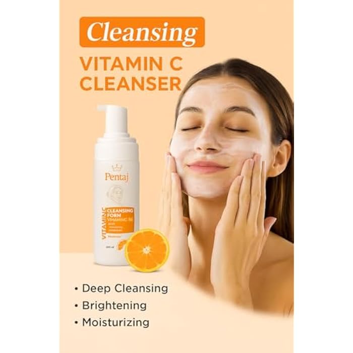 PENTAJ Vitamin C and E Cleansing Foam, All Skin Types, Gentle Face Wash with Brightening Formula, 200ml - Image 2