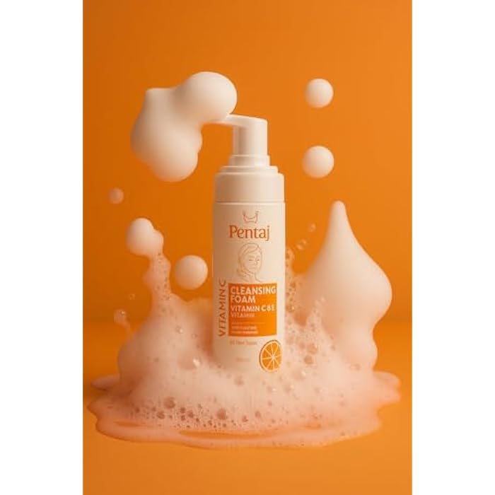 PENTAJ Vitamin C and E Cleansing Foam, All Skin Types, Gentle Face Wash with Brightening Formula, 200ml - Image 1