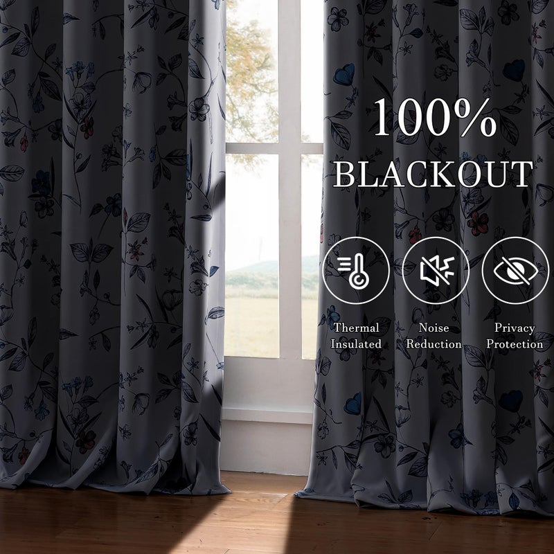ChrisDowa 100% Blackout Floral Curtains 84 Inches Long 2 Panels for Bedroom Living Room Navy Blue Flower Patterned Room Darkening Thermal Insulated Soundproof Grommet Window Treatments Drapes,52X84 - Image 2