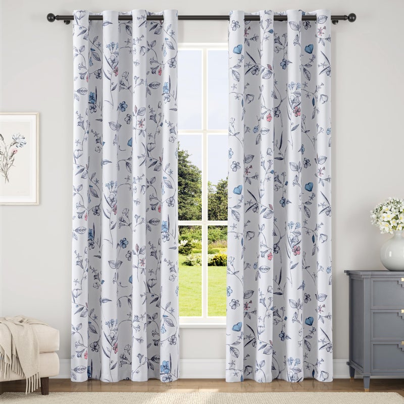 ChrisDowa 100% Blackout Floral Curtains 84 Inches Long 2 Panels for Bedroom Living Room Navy Blue Flower Patterned Room Darkening Thermal Insulated Soundproof Grommet Window Treatments Drapes,52X84 - Image 1