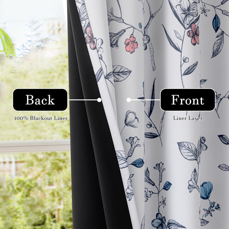 ChrisDowa 100% Blackout Floral Curtains 84 Inches Long 2 Panels for Bedroom Living Room Navy Blue Flower Patterned Room Darkening Thermal Insulated Soundproof Grommet Window Treatments Drapes,52X84 - Image 4