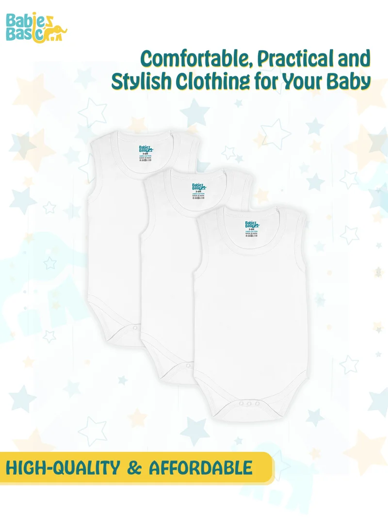 Babies Basic 100% Super Soft Cotton,Sleeveless Romper/Bodysuit, For New Born To 24Months, Set Of 3 - White