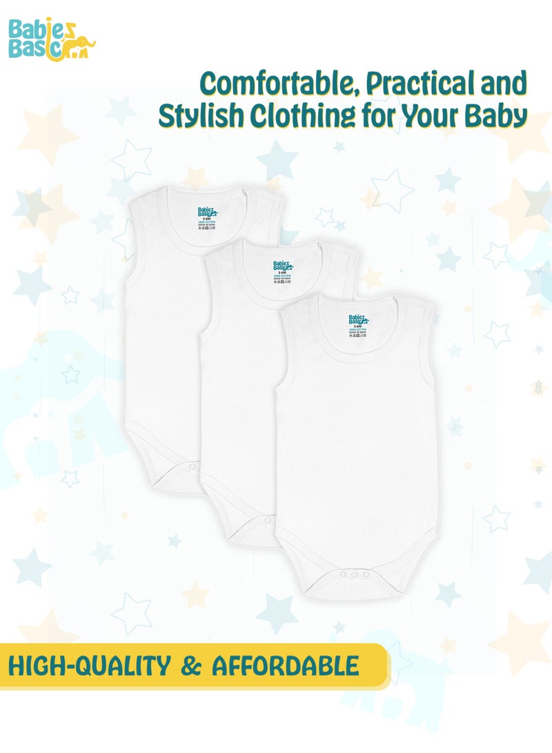 Babies Basic 100% Super Soft Cotton,Sleeveless Romper/Bodysuit, For New Born To 24Months, Set Of 3 - White  - Image 2
