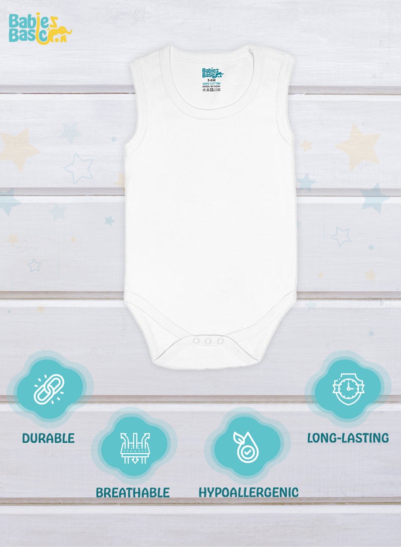 Babies Basic 100% Super Soft Cotton,Sleeveless Romper/Bodysuit, For New Born To 24Months, Set Of 3 - White  - Image 3