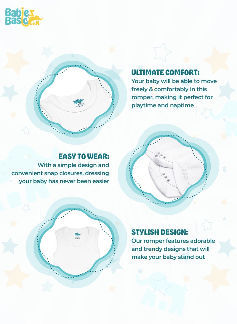 Babies Basic 100% Super Soft Cotton,Sleeveless Romper/Bodysuit, For New Born To 24Months, Set Of 3 - White  - Image 4