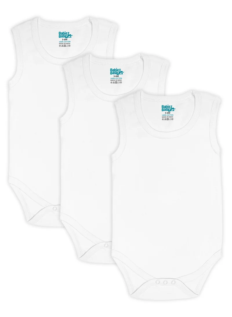 Babies Basic 100% Super Soft Cotton,Sleeveless Romper/Bodysuit, For New Born To 24Months, Set Of 3 - White