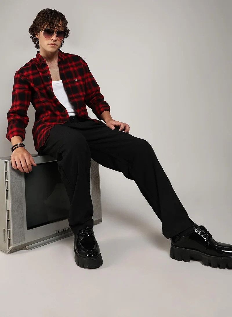 Campus Sutra Campus Sutra Men's Midnight Black & Scarlet Red Brushed Buffalo Check ShirtFor Casual Wear | Spread Collar | Long Sleeve | Button Closure | Shirt Crafted With Comfort Fit For Everyday Wear