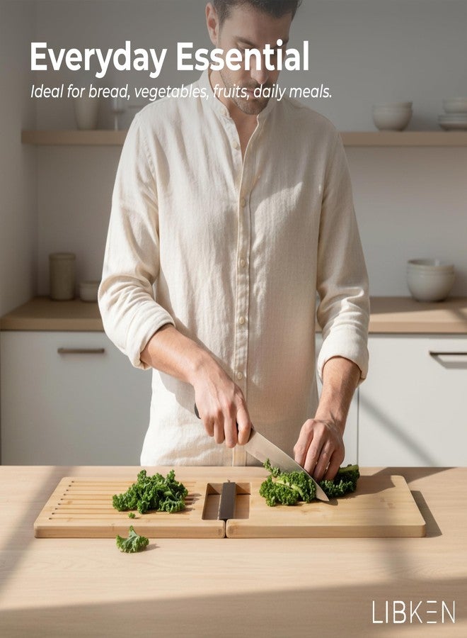 Libken Multifunctional Bamboo Cutting Board – Minimal Scandinavian Design, 5-in-1 Foldable Kitchen Chopping Board with Stainless Steel Inlet & Grooves for Bread, Vegetables, Meat, and Fish - Image 2