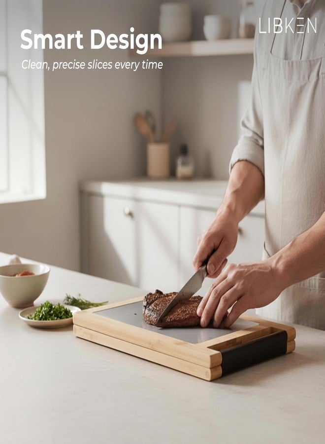 Libken Multifunctional Bamboo Cutting Board – Minimal Scandinavian Design, 5-in-1 Foldable Kitchen Chopping Board with Stainless Steel Inlet & Grooves for Bread, Vegetables, Meat, and Fish - Image 4
