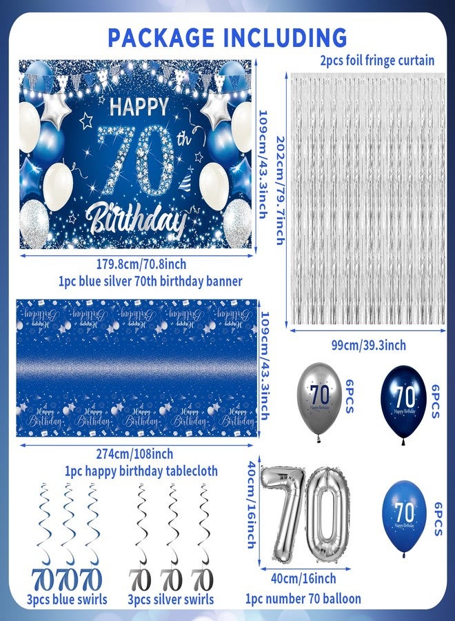 Yoirrat Blue Silver Party Decorations 70th Birthday Decorations 70 Years Old Decor Includes Banner Balloons Tablecloth Number 70 Balloons Hanging Swirls Foil Fringe Curtains for Men Women Party Supplies - Image 2