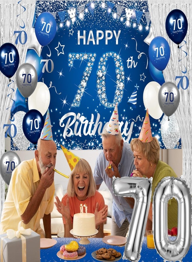 Yoirrat Blue Silver Party Decorations 70th Birthday Decorations 70 Years Old Decor Includes Banner Balloons Tablecloth Number 70 Balloons Hanging Swirls Foil Fringe Curtains for Men Women Party Supplies - Image 5