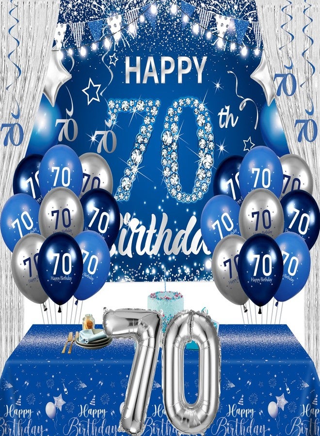 Yoirrat Blue Silver Party Decorations 70th Birthday Decorations 70 Years Old Decor Includes Banner Balloons Tablecloth Number 70 Balloons Hanging Swirls Foil Fringe Curtains for Men Women Party Supplies - Image 1