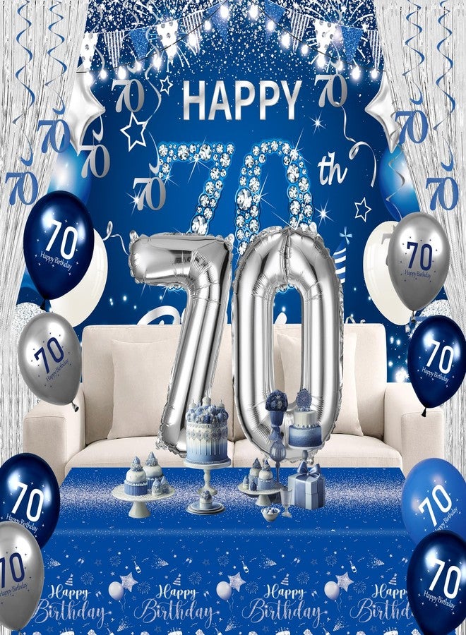 Yoirrat Blue Silver Party Decorations 70th Birthday Decorations 70 Years Old Decor Includes Banner Balloons Tablecloth Number 70 Balloons Hanging Swirls Foil Fringe Curtains for Men Women Party Supplies - Image 3