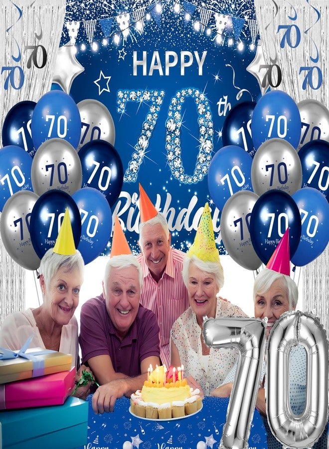 Yoirrat Blue Silver Party Decorations 70th Birthday Decorations 70 Years Old Decor Includes Banner Balloons Tablecloth Number 70 Balloons Hanging Swirls Foil Fringe Curtains for Men Women Party Supplies - Image 4