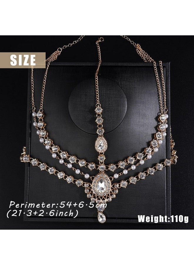 Aimimier Boho Teardrop Crystal Head Chain Layered Faux Pearl Forehead Chain Wedding Headpiece For Women (Gold) - Image 3