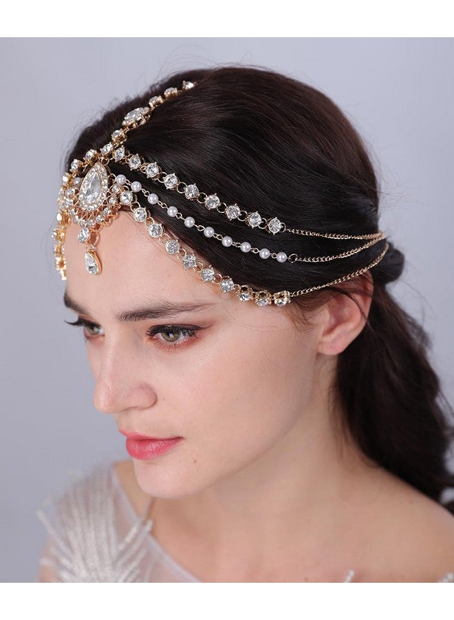 Aimimier Boho Teardrop Crystal Head Chain Layered Faux Pearl Forehead Chain Wedding Headpiece For Women (Gold) - Image 2