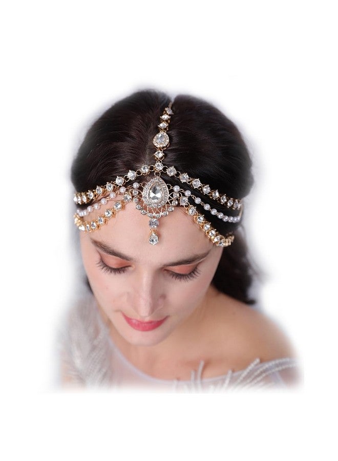 Aimimier Boho Teardrop Crystal Head Chain Layered Faux Pearl Forehead Chain Wedding Headpiece For Women (Gold) - Image 1